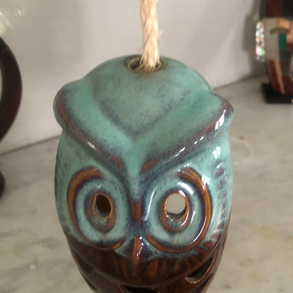 Owl Ceramic tealite candle hanging dorm statue sits flat retro style, large